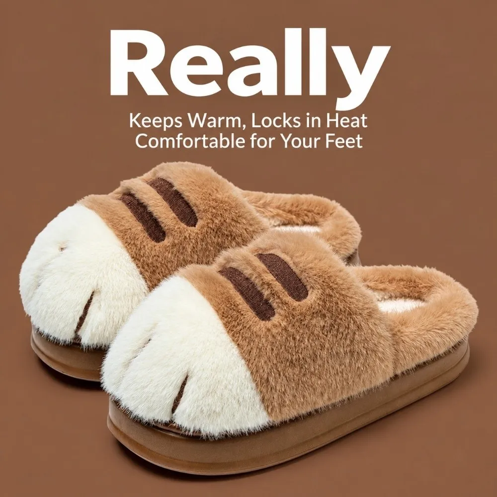 1 Pair New Closed Heel Cat Paw Slippers Non Slip Warm Fluffy Slides Adorable Fluffy Animal Claw Slipper Home Shoes