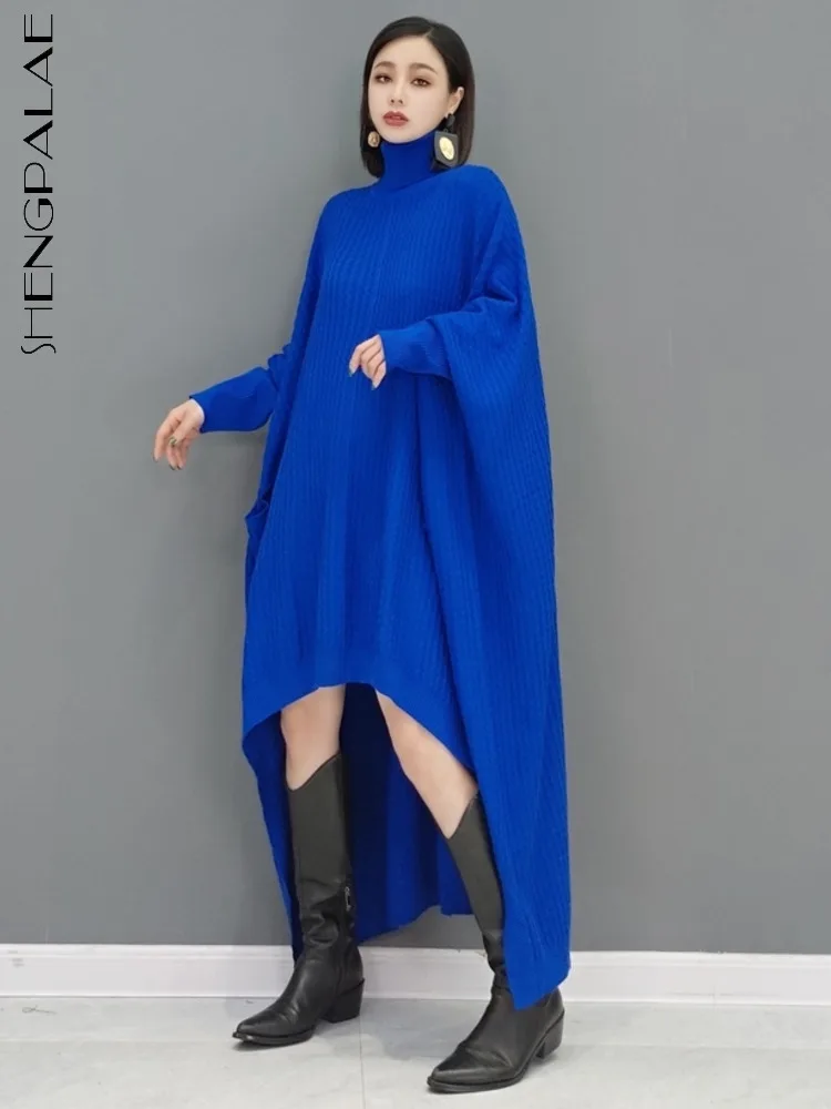 SHENGPAIAE Pleated Long Sleeve Turtleneck Irregular Dress Wool Sweater Sweater Loose Robe Dresses Women 2024 Female New 5Q694