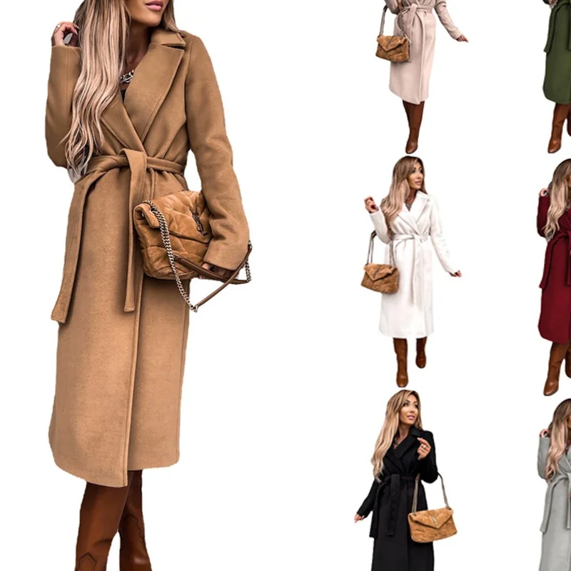 

Осенне-зимнее женское однотонное длинное шерстяное пальто с лацканами, простая верхняя одежда с поясом, модный вязаный шелковый материал