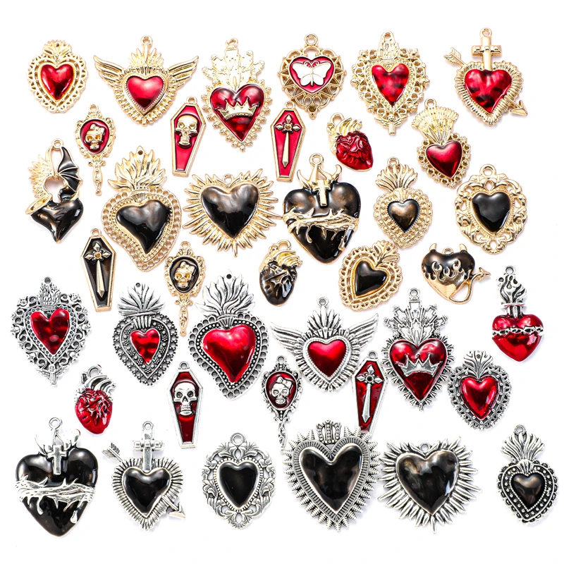 5-10Pcs Antique Silver/KC Color Gothic Catholic Sacred Heart Charms Halloween Vampire Wing Love Pendant DIY Handmade Jewelry