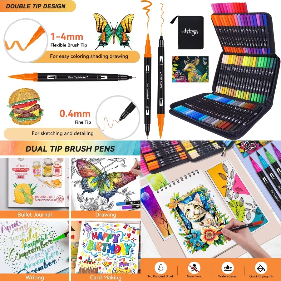 

72-цветные ручки-кисти с двумя маркерами для книг-раскрасок для взрослых с тонким и набором ручек с кистью идеально подходят для раскрашивания журналов Bullet Journaling