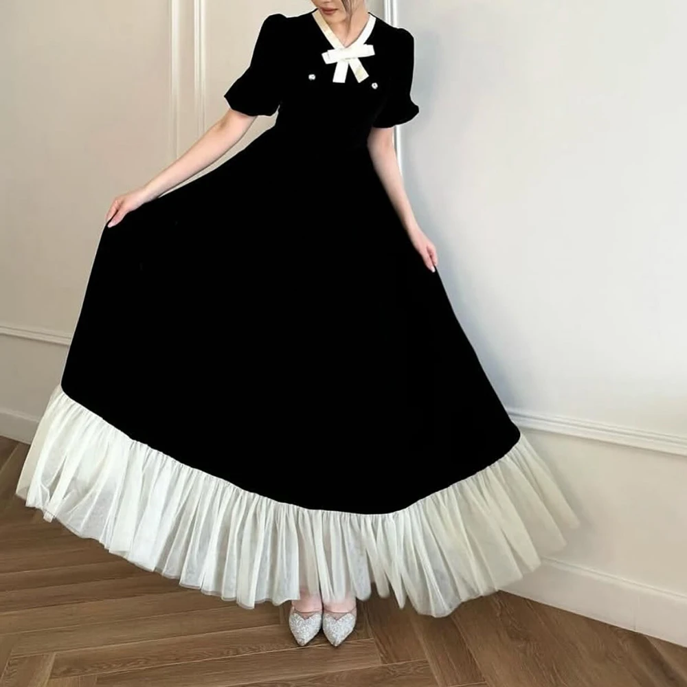 ชุดราตรีทรงเอไลน์แบบสั่งตัด ยาวกรอมพื้น คอวี แขนสั้น ชุดออกงานพรอม ดีไซน์โบว์เรียบง่าย ผ้าพลิ้ว ชุดลำลองสำหรับงานปาร์ตี้