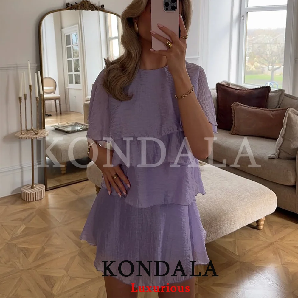 KONDALA Elegantes Strand-Chic Damen-Minikleid Lila Rüschen O-Ausschnitt Kurzarm-Kleid Mode 2026 Frühling Sommer Urlaubskleid