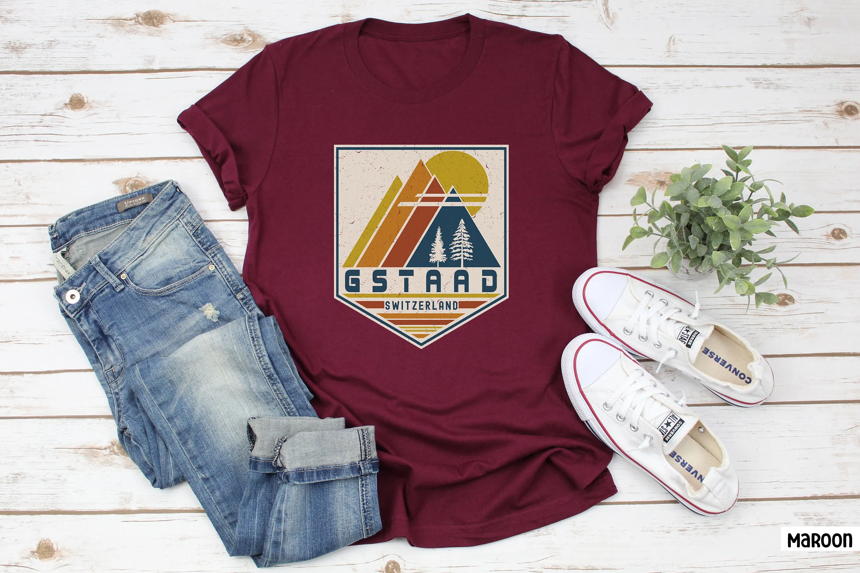 Gstaad T Shirt Switzerland Souvenir Travel Matching Family Retro Ski