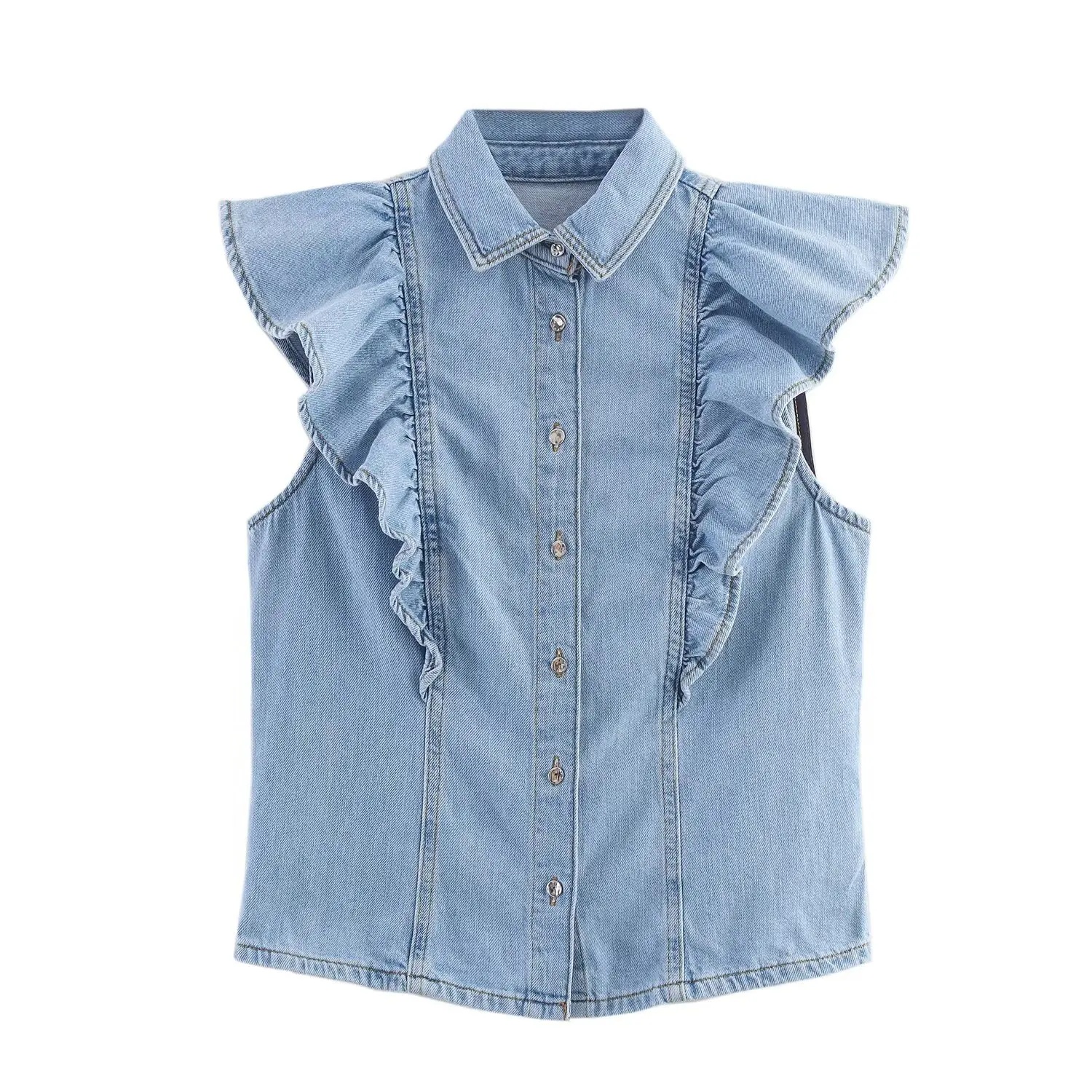 

MYST&ZA2025 Autumn New Women's Fashion Versatile Layered Decorative Sleeveless Lapel Denim Shirt
