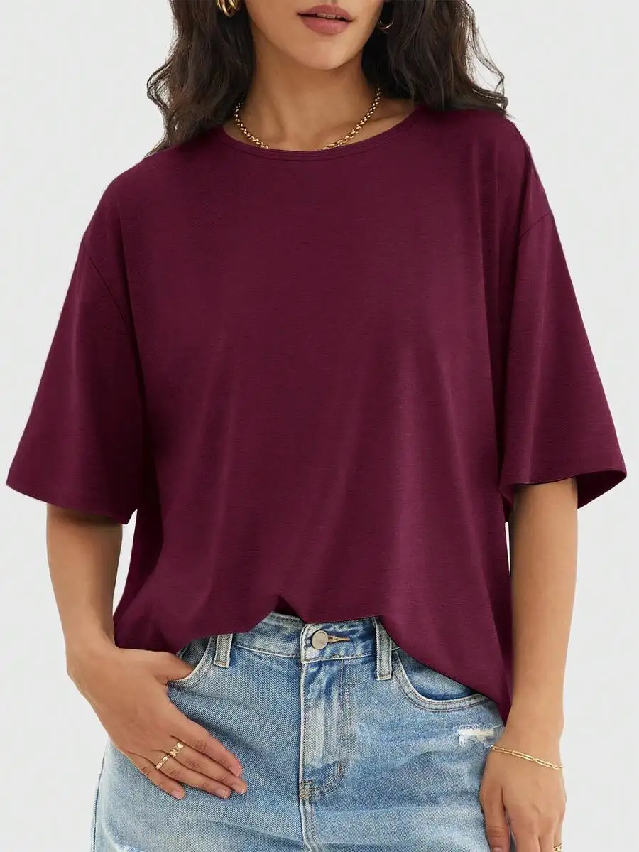 

Womens Loose Round Neck Short Sleeve Solid T-Shirt Casual Summer Top