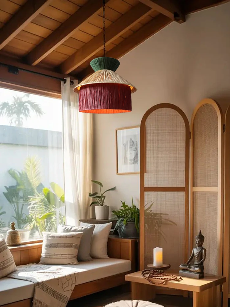 Japanese Zen Style Tea Room Pendant Light Woven With Grass Rope Southeast Asian Homestay Bedroom Light Restaurant Pendant Light