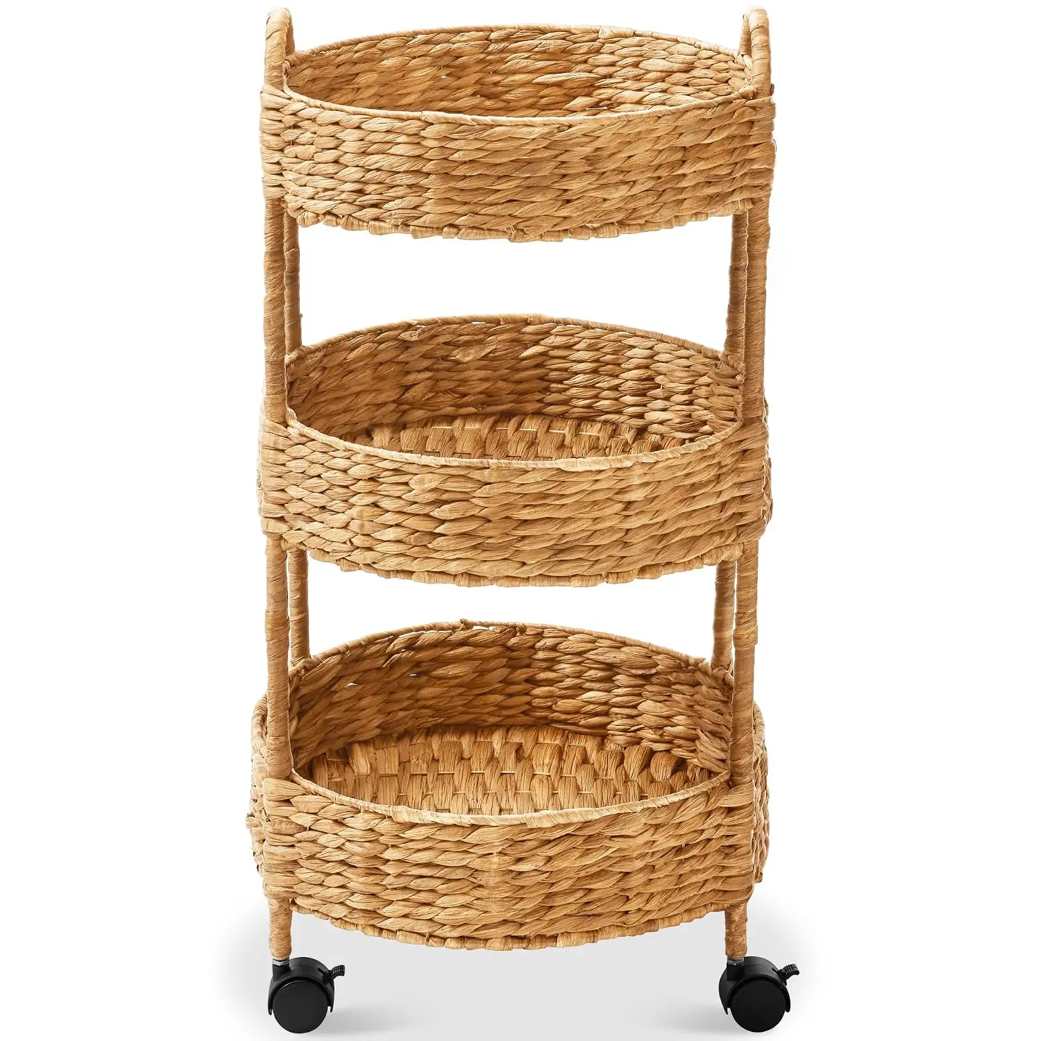 3-Tier Round Rolling Nursery Caddy w/Wheels, Handwoven Utility Cart, Storage Organization for Bathroom, Craft Room, Laundry Room