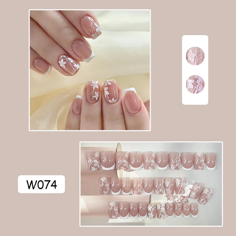24Pcs Small Flower French False Nails Gradient Color Square Press on Nails Set Glossy Full Cover Fake Nails With Glue Stick
