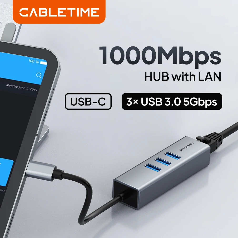 CABLETIME 4 IN 1 USB C to Ethernet LAN Adapter 1000Mbps RJ45 USB C HUB for Notebook Laptop Internet USB Network Card
