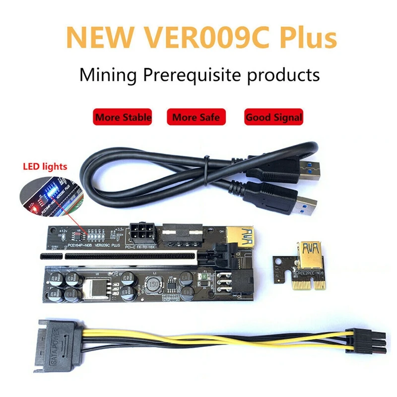 Tarjeta elevadora PCIE VER009C PLUS PCI-E Riser 1X a 16X tarjeta adaptadora PCI Express con Cable de alimentación USB3.0 SATA de 15 pines