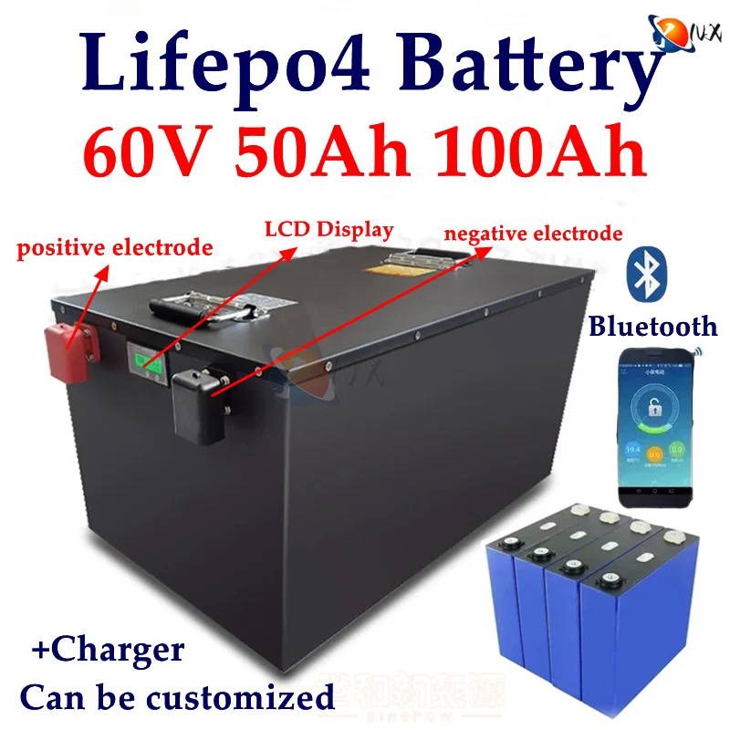 

YNX 60V 50Ah 100Ah LiFePO4 Battery Pack Built-in Bluetooth BMS Lithium Iron Phosphate For Solar Golf Cart RV Storage Boat