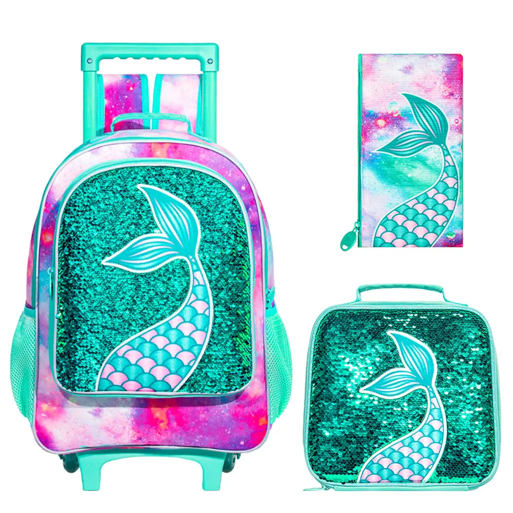 Kid's rolling backpack 3PCS Set, One Rolling Backpack + Handbag + Pencil Case, Teal Sequin Mermaid Tail, Large Capacity.