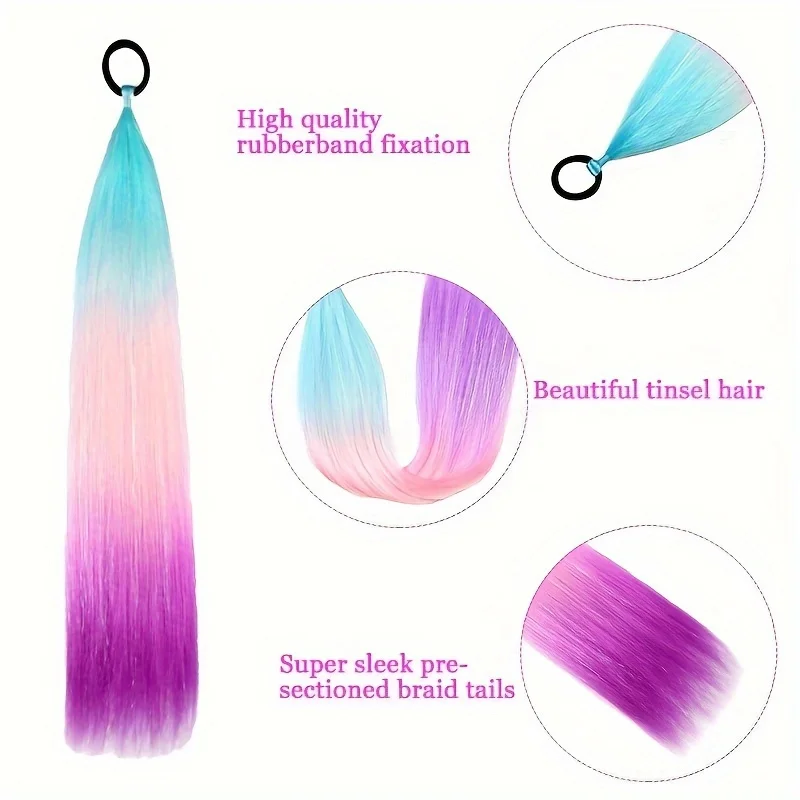 24inch Yaki Straight Y2K rainbow Hair Extension Braided Synthetic wigs Mixed Tinsel Bling Bling Hairpiece cosplay hair Accessory