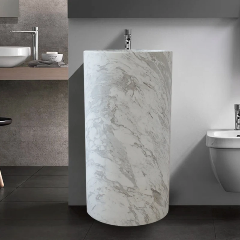 

Natural marble integrated column basin bathroom balcony floor-standing wash basin villa courtyard stone wash basin