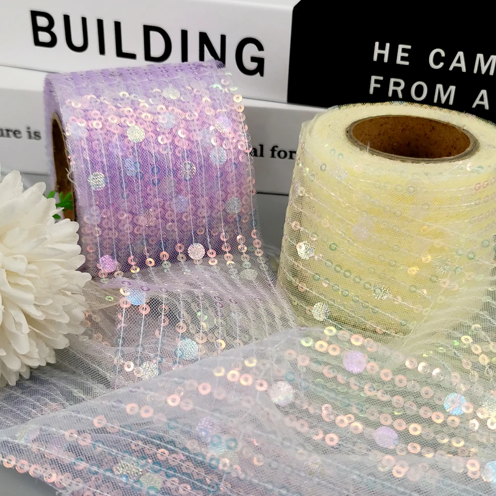 6cm 10yards Sequin Tulle Ribbon With Stirpes Circle Dot Paillette Embroidered Fabric Film DIY Hair Bows Dance Costum Dress  Trim