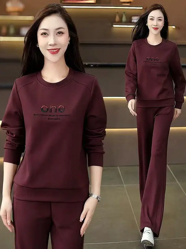 

Тонкий свитшот с эффектом похудения, длинные брюки с высокой талией, комплект из двух предметов для женщин больших размеров, осенняя одежда для мам среднего возраста