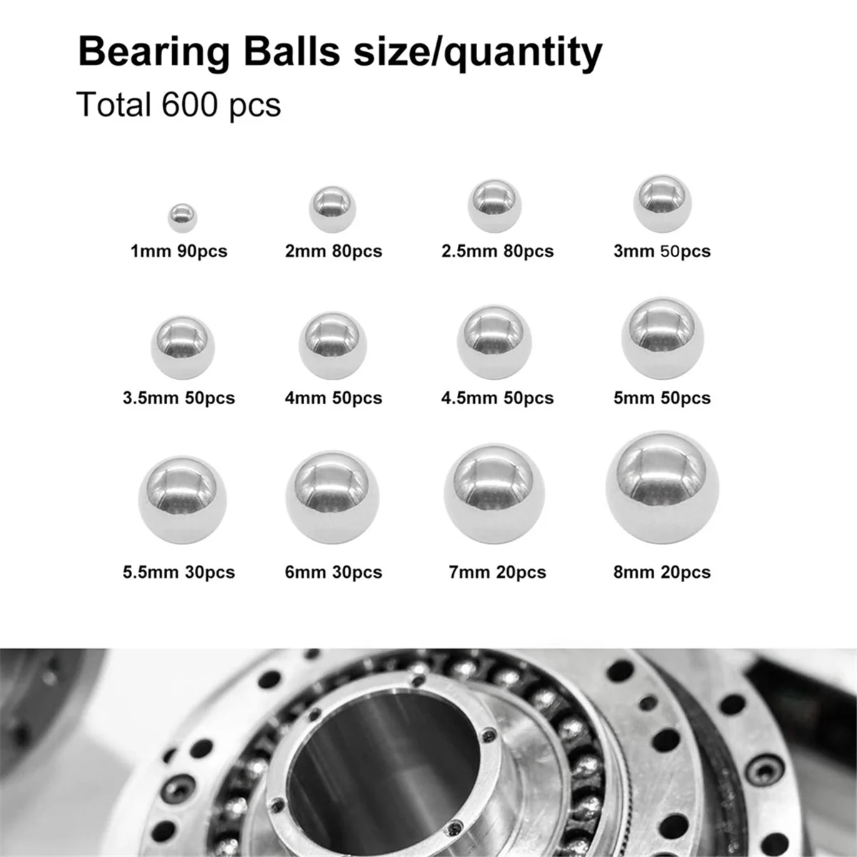 600Pcs 12 Size Stainless Steel Precision Steel Balls 1-8mm Metric Bicycle Bearing Balls Assortment Kit Mixing Balls