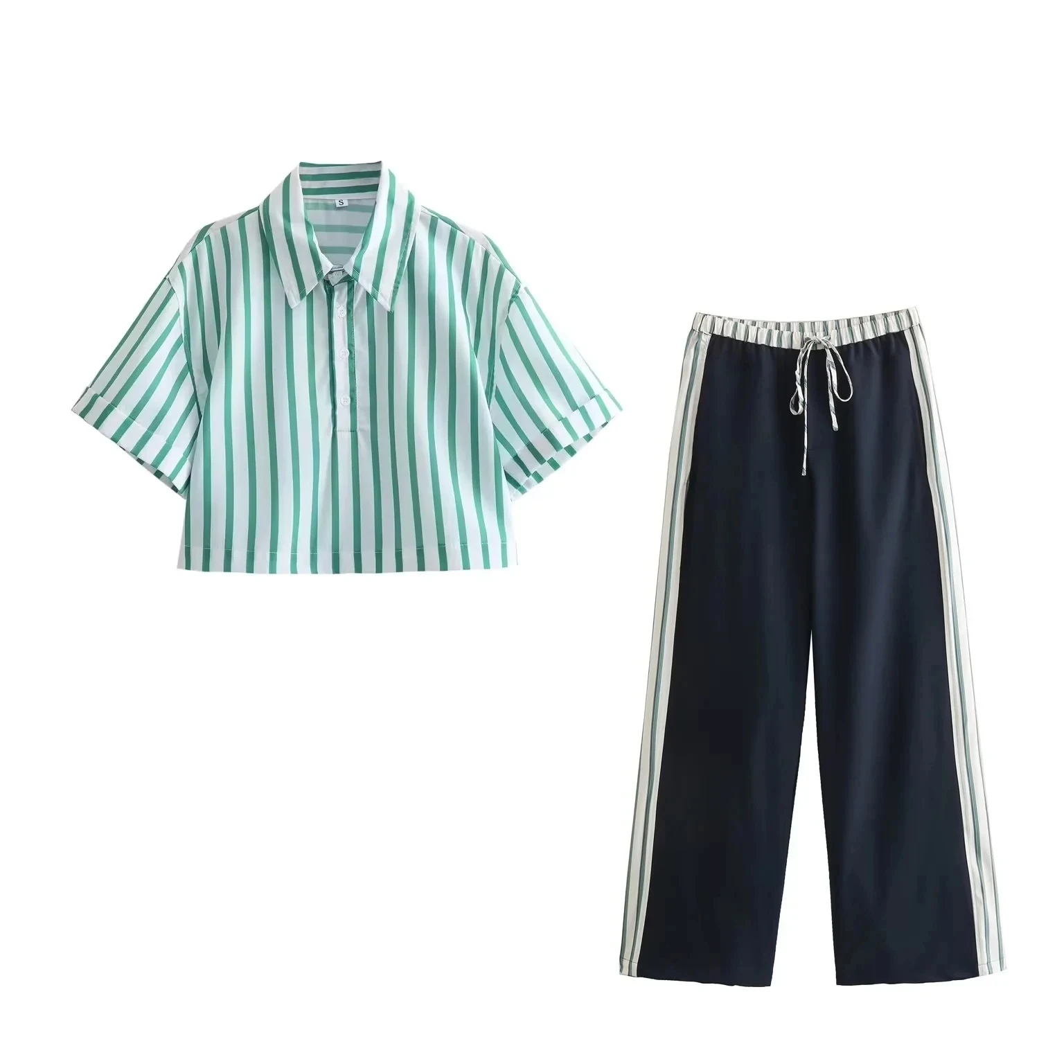 2024 Spring New Female Stripes Lapel Short Sleeves Buttons Shirt Top + Lace Up Elastic Waist Woman Wide Leg Long Pant