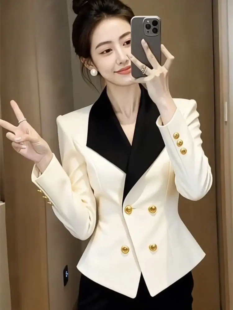 2026 Spring Celebrity New Professional Suit Jacket Women's High Sense Black And White Contrasting Color Waist Thin Short Suit