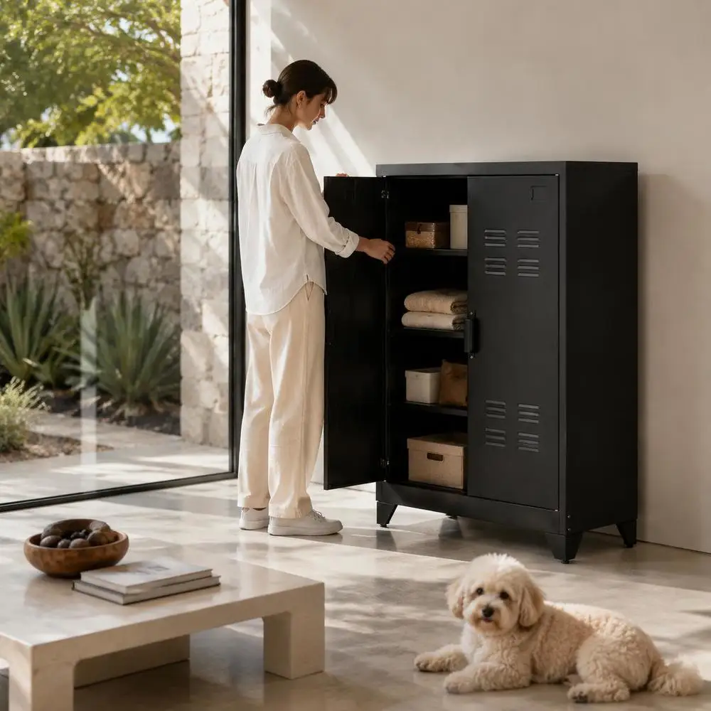 Armoire de Rangement Métallique Industrielle sur Pieds avec Étagères Noires pour Bureau
