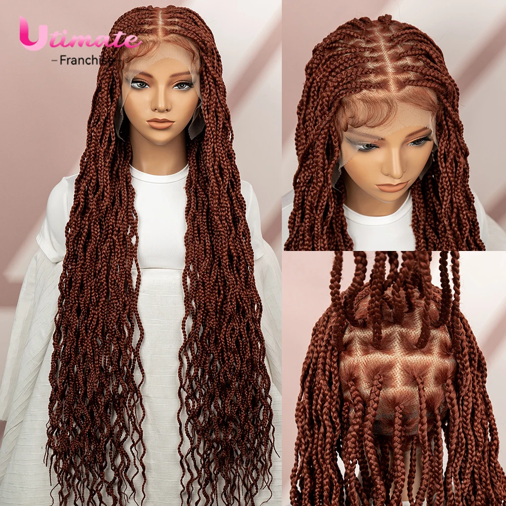 Ginger 350 Color Double Lace Synthetic Braided Wigs for Women 36 Inches Box Braided Lace Front Wig with Baby Hair Knotless