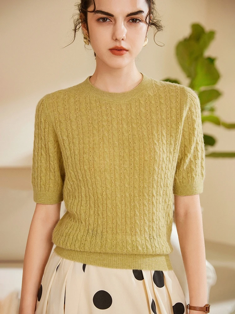 

New Spring Summer Women Sweater Short Sleeve O-neck Pullover 100% Cashmere Retro Twist Flower Knitted Fashion Female Clothing