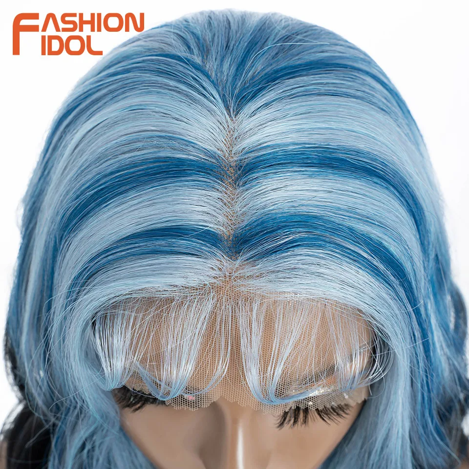 FASHION IDOL 12 Inch Bob 13x7 HD Lace Front Synthetic Wigs For Black Women Ombre Blue Heat Resistant Short Body Wave Cosplay Wig