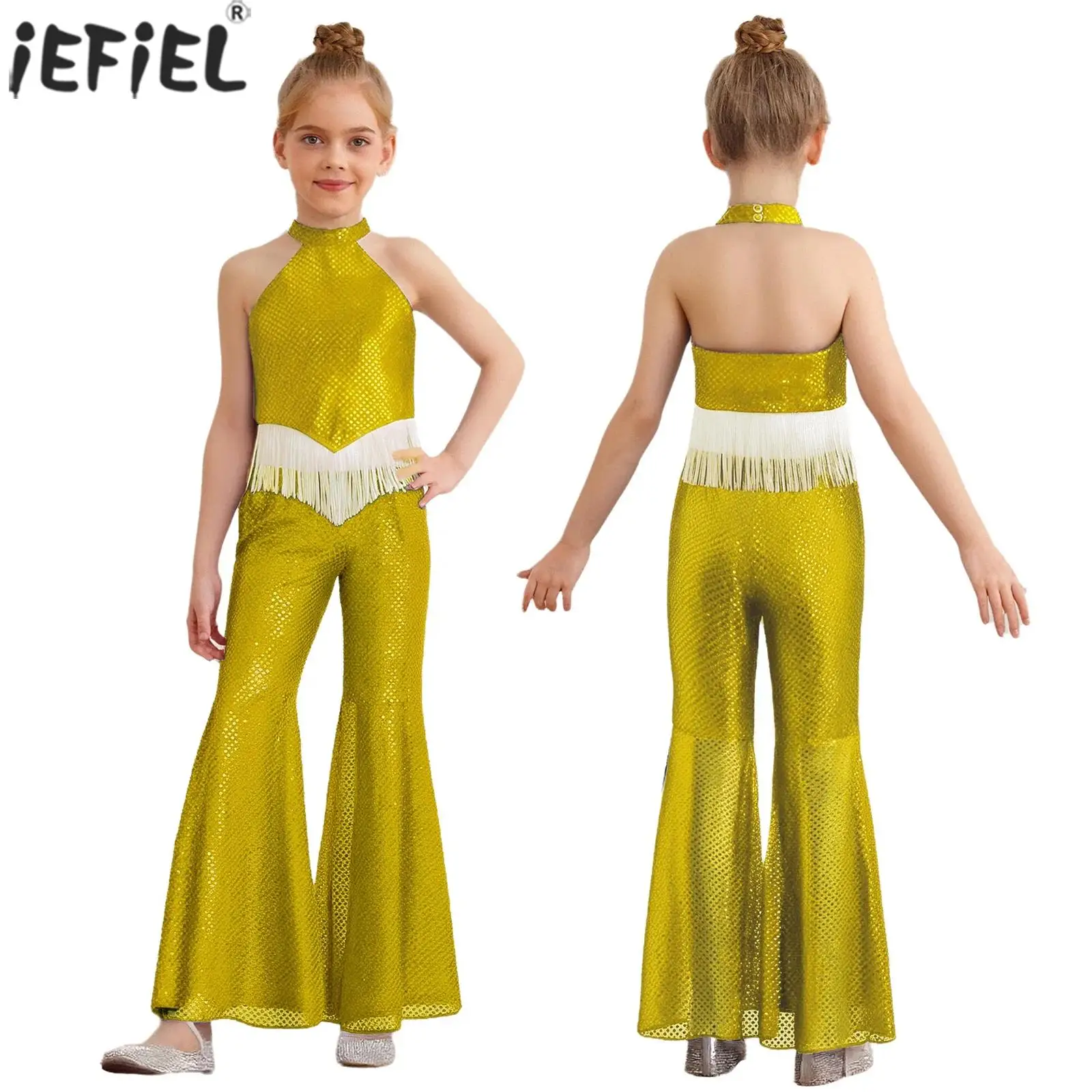Kids Girls 80s 90s Disco Jazz Dance Costume Shiny Sequins Halter Sleeveless Crop Top with Bell-Bottom Pants Rave Party Dancewear