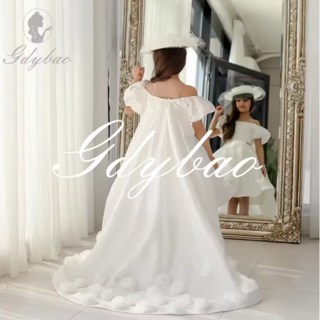 Floral Wedding Off-Shoulder Flower Girl Dress  Knee-Length with Train Custom Formal First Communion Dress