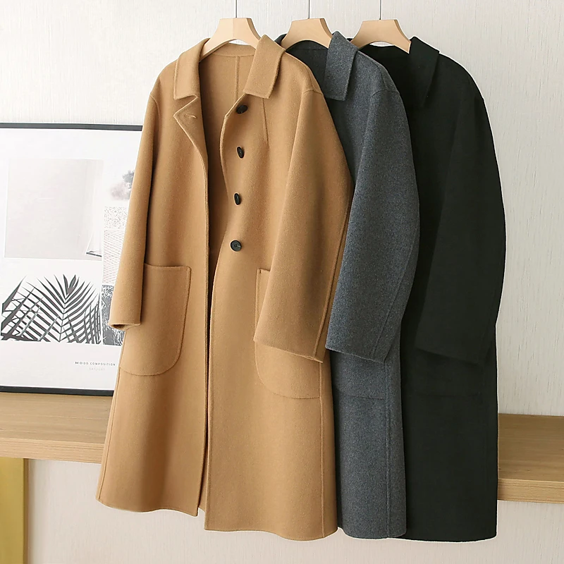 

Women's Winter Fur Elegant Woolen Trench Coat Pure Wool Double-sided Cashmere Vintage Windbreaker Jacket New In External Clothes