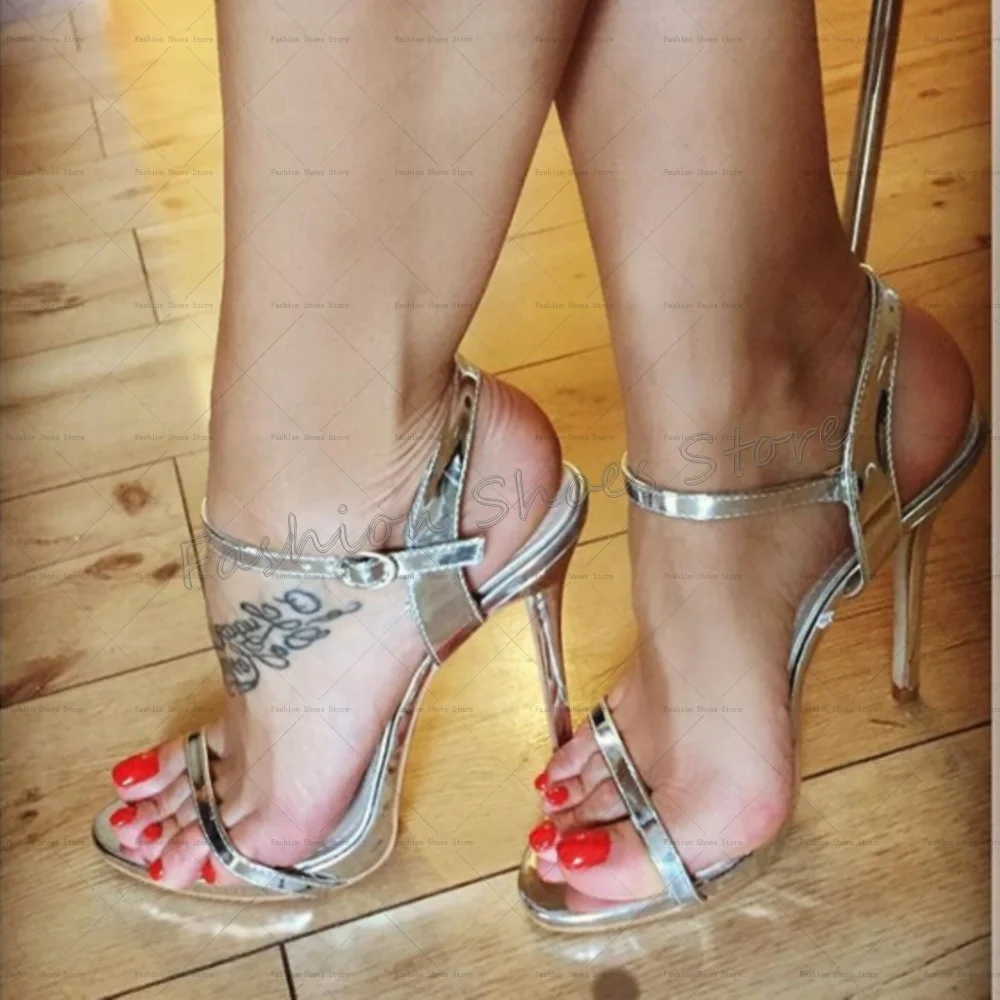 

Silver Patent leather Buckle Strap Sandals Open Toe Women Shoes Thin High Heels Party Banquet Dating 2025 Zapatos Para Mujere