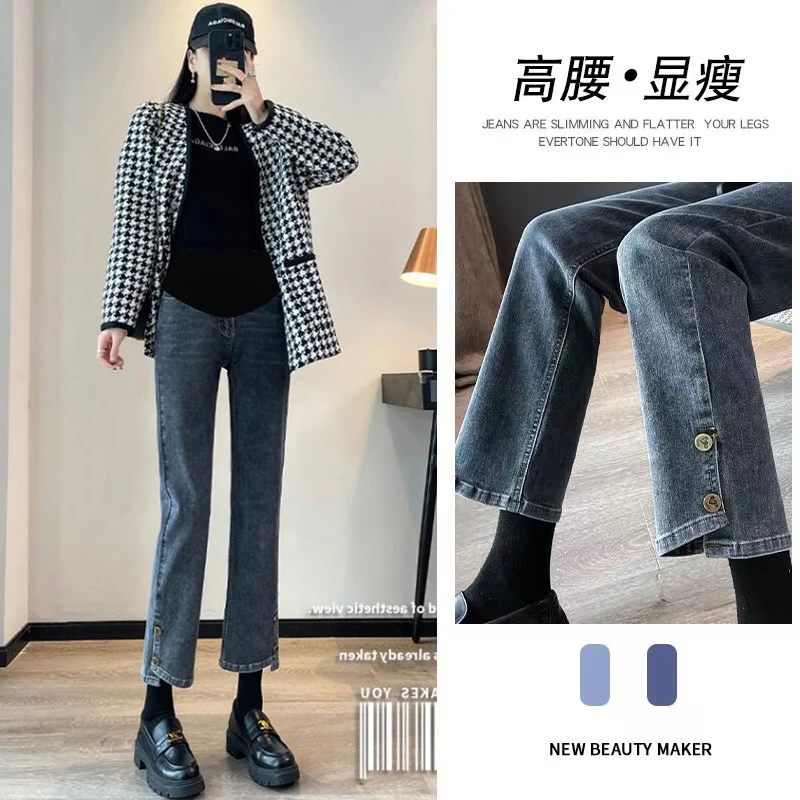 6# Autumn Button Stretch Denim Maternity Straight Jeans 9/10 Length Slim Belly Pants Clothes for Pregnant Women Casual Pregnancy