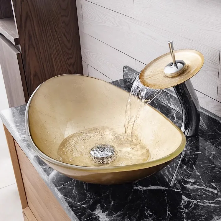 Gold Top Quality Artistic Wash basin Set Toughened glass Washbasin set golden color hand basin + Waterfall Brass faucet Luxury