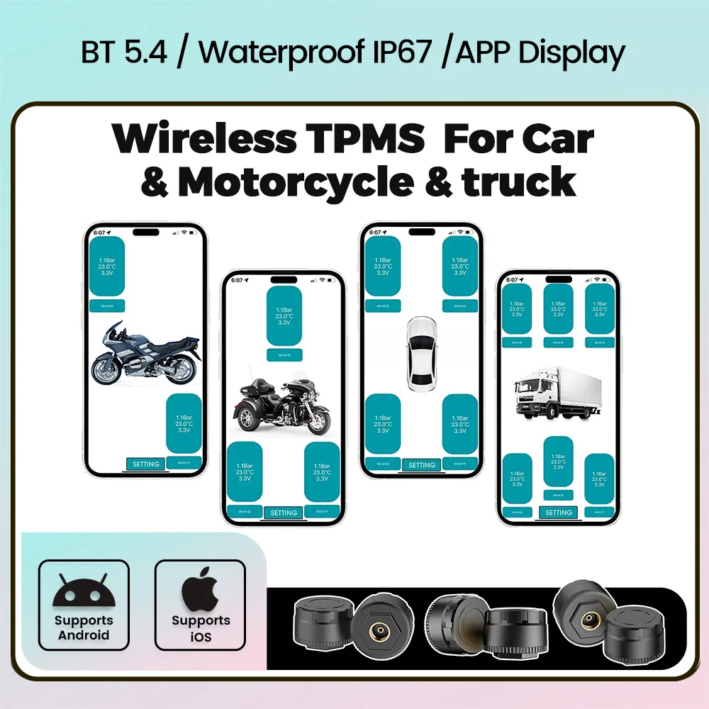

Беспроводная система контроля давления в шинах (TPMS) BT5.4 для мотоциклов, грузовиков и автомобилей с приложением для мониторинга давления и температуры в шинах в реальном времени