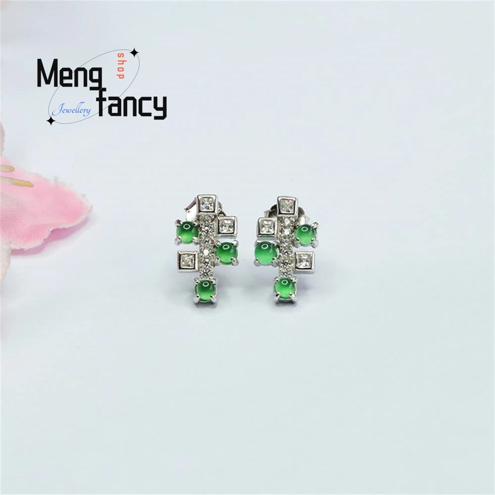 

S925 Silver Inlaid Natural Jadeite Ice Type Imperial Green Egg Earrings Exquisite Elegant High-grade Luxury Fashion Fine Jewelry