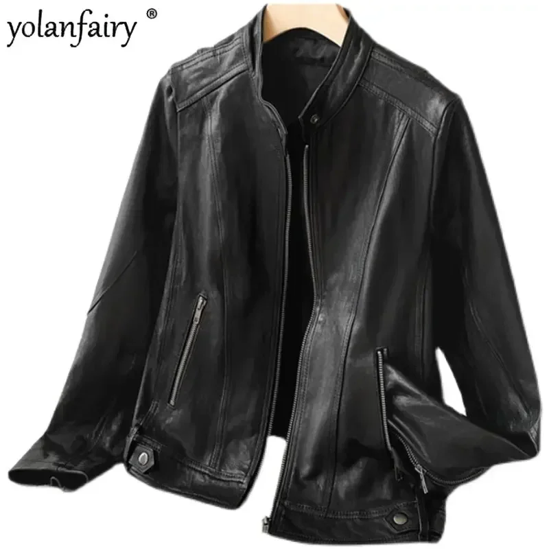 Spring Natural Sheepskin Coat Ladies 100% Genuine Leather Jacket Women Short Stand Collar Plant Tanned Simple Motorcycle Jacket