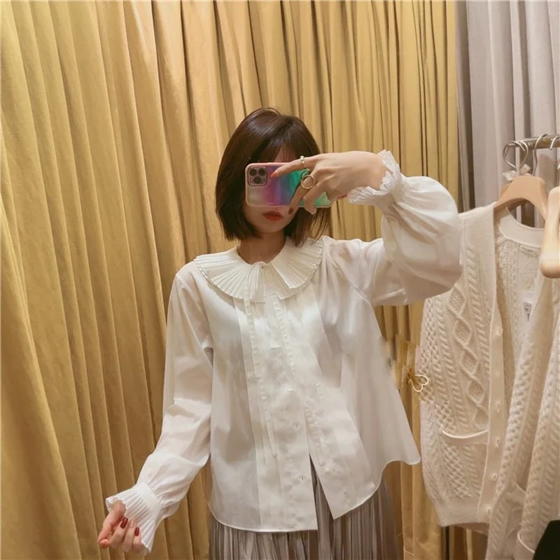 

2022 Spring Summer New Japanese Detachable Collar Double Layer Ruffle Lapel Solid Women Shirt Sweet White Camisas Mujer