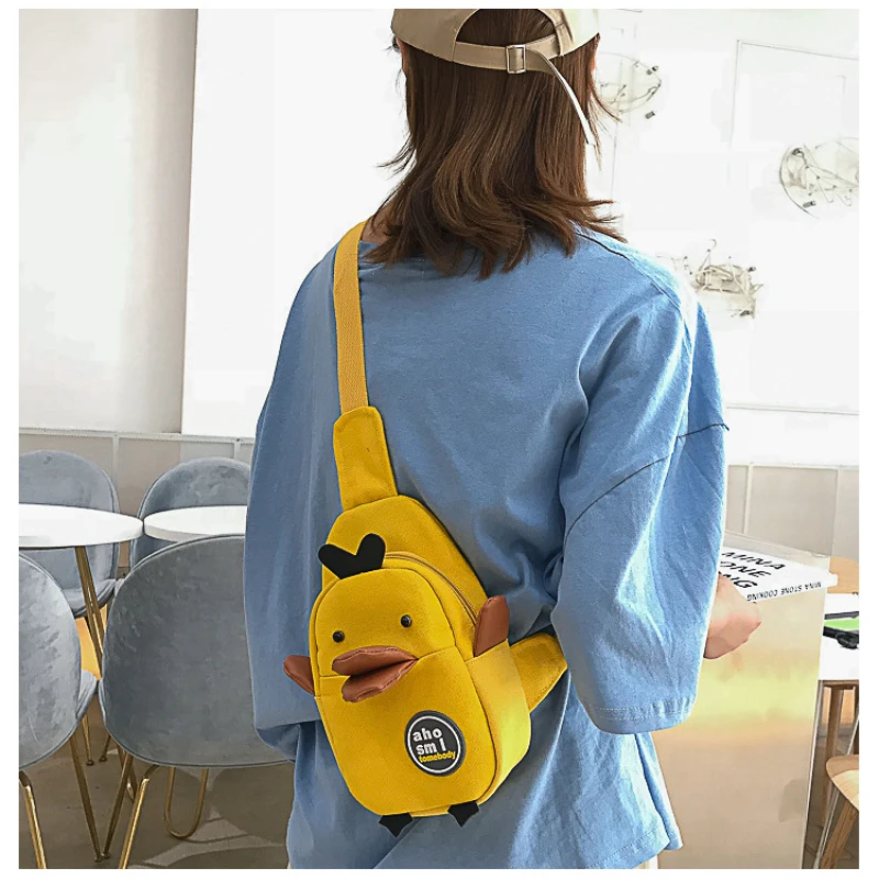 Korean Small Yellow Duck Canvas Chest Bag for Kids Black White Pink Large Capacity Shoulder Bags Toiletry Phone Organizer Bags