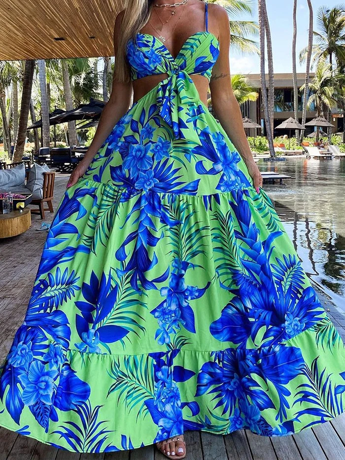 Cutout Tied Detail Tropical Print Cami Maxi Dress Women Party Night Club Vestidos Beach 2024 Summer New Dresses Prom Dress