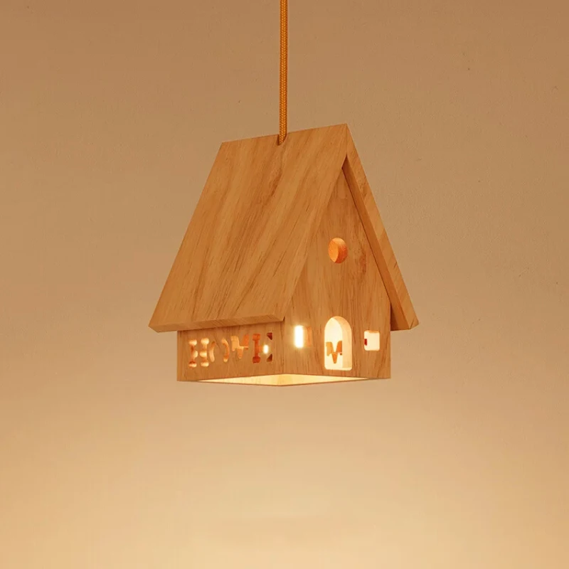 

Solid Wood Small House Chandeliers Children's Bedroom Bedside Lamps Minimalist Log Style Nursery Boy Girl Bedroom Chandelier LED