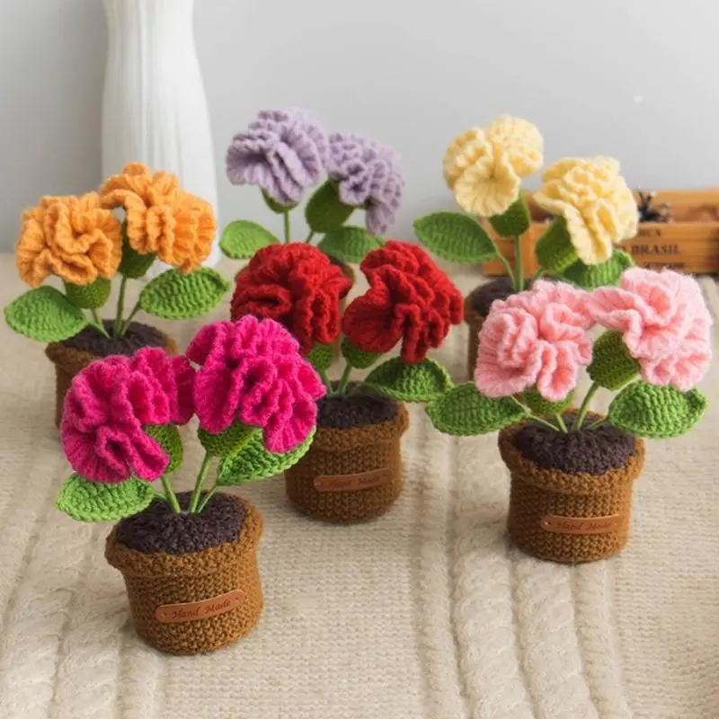 Knitted Rose in Pot Ornament Handmade Crochet Double Headed Flower Potted Plant Decors for Valentines Day Wedding Gift X3UC