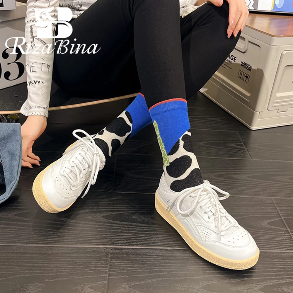 

RIZABINA Vulcanized Shoes For Women Real Leather Round Toe Lace-up Breathable Flat Shoes Ladies Spring Summer Casual Daily Shoes