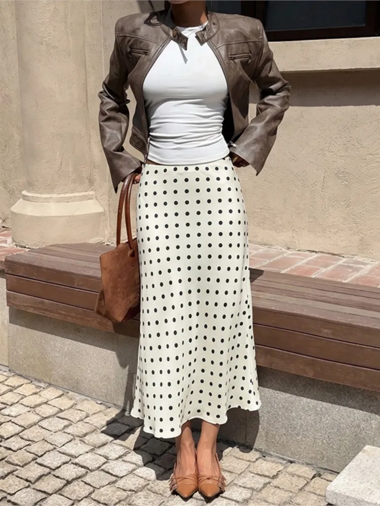 Women's Polka Dot Long Skirt Elegant Slim A-Line Flare Maxi Skirt 2026 Spring Autumn New Cute Polka Dot Print Flowing Long Skirt