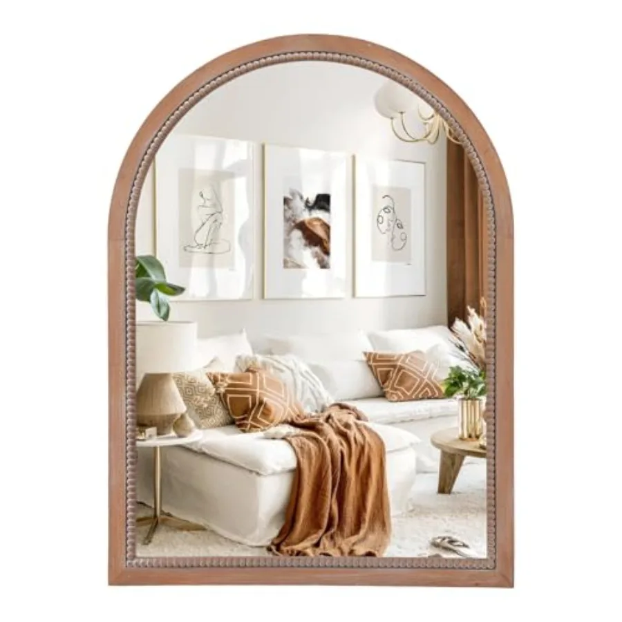 Arch Wood Mirror, 22x30 inch Arched Rustic Farmhouse Natural Wooden Frame Boho Beads Wall Mirror for Bathroom, Living Room, Bed