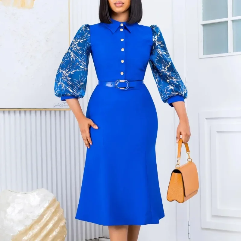 Chic Women Slim Office Work Dress Signle Button Printed Long Sleeve Patchwork Bodycon Clothing With Waist Belt 2024 Autumn New