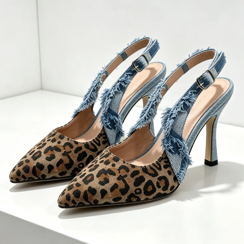 Leopard Print Slingback Women's Pumps Pointed Toe Frayed Denim Buckle Strap High Heels for Ladies Comfort Designer Heeled Sandal