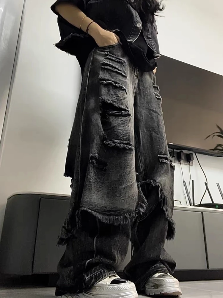 

Retro American Street Style Faded Denim Jeans Women's Hiphop Design Sensation Frayed Wide Leg Pants High Waist Straight Tube