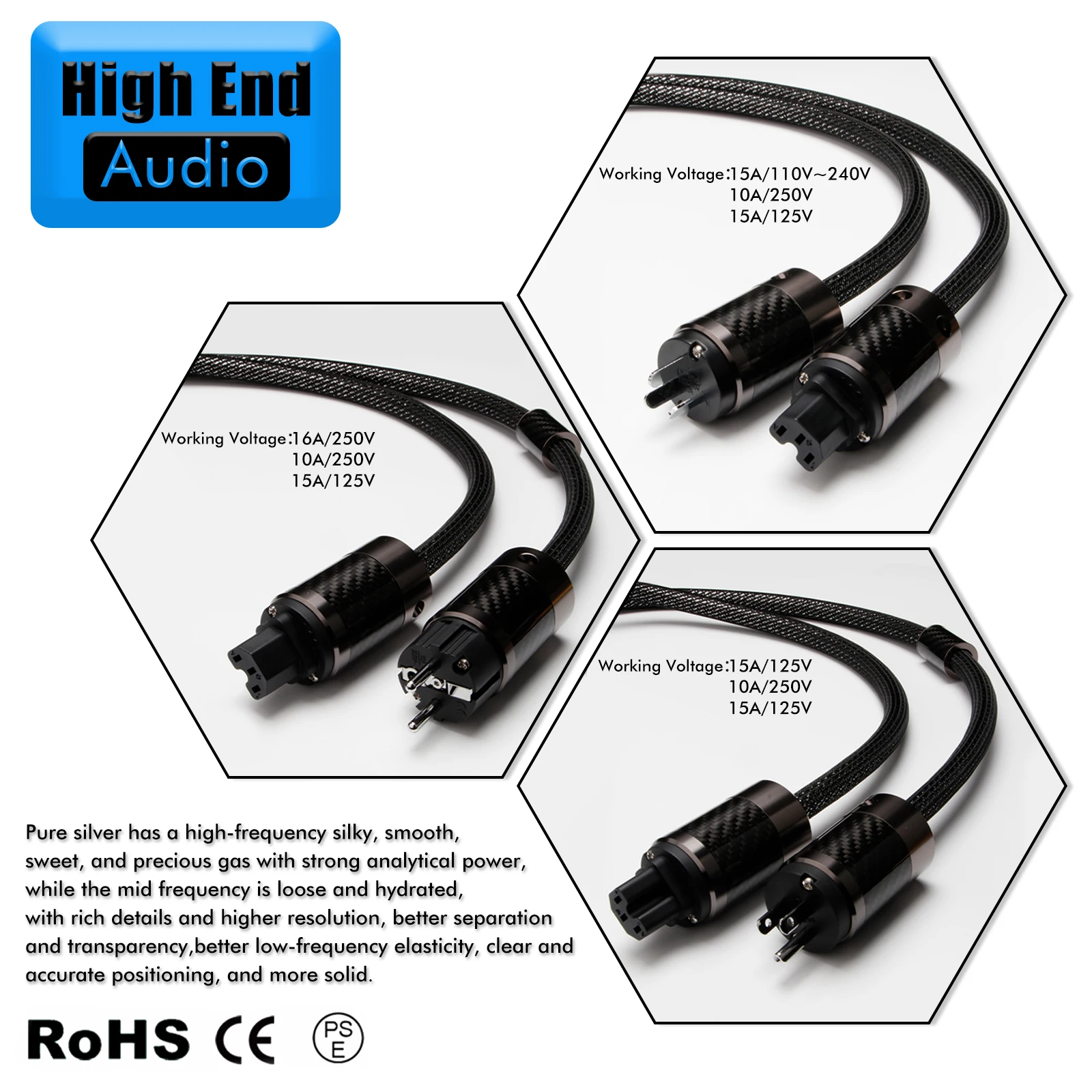 Preffair 4N pure silver hifi power cord CD DVD Speaker device pre amplifier US/EU/AU connection cable