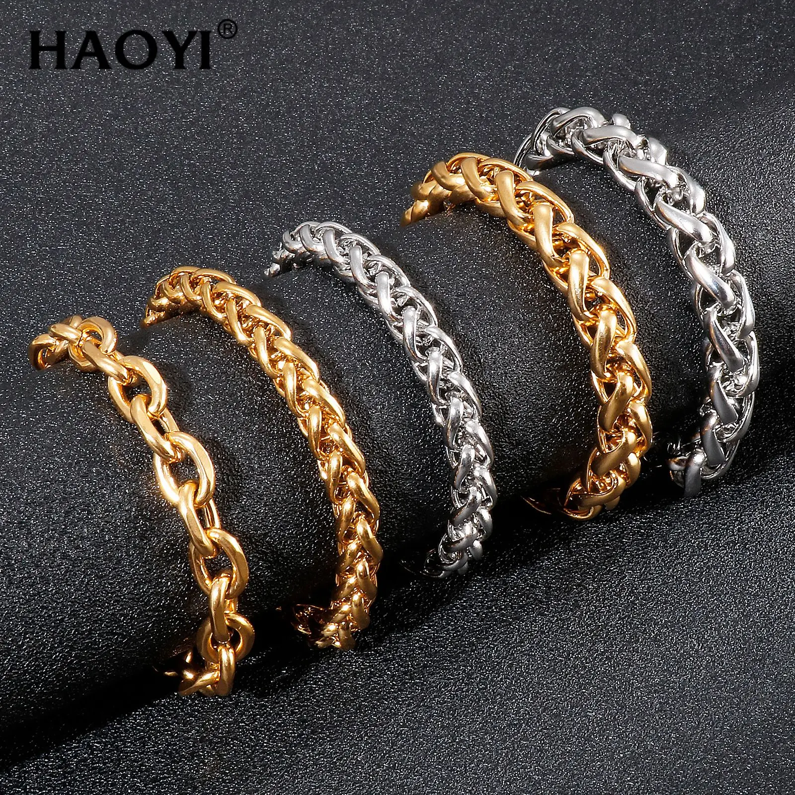 HAOYI Hiphop Stainless Steel Silver Gold-plating Bracelet and Necklace For Men Jewelry Set all Clearance Offers